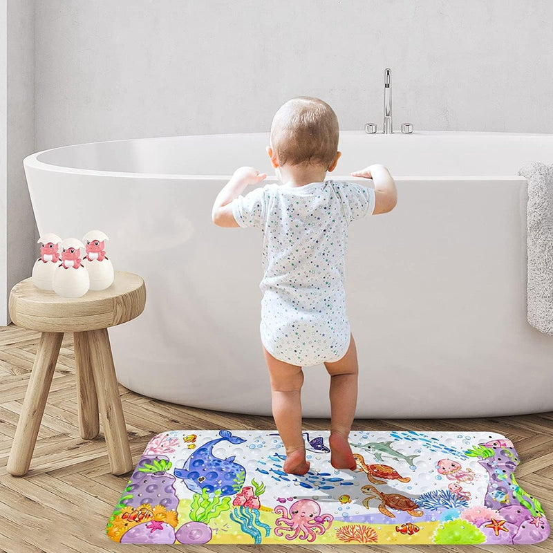 Antislip kinderbadmat, 100 x 40 cm, zeedieren afbeelding badmat met 200 zuignappen, babyshower badkuip, antislip, schimmelbestendig, machinewasbaar (slot)