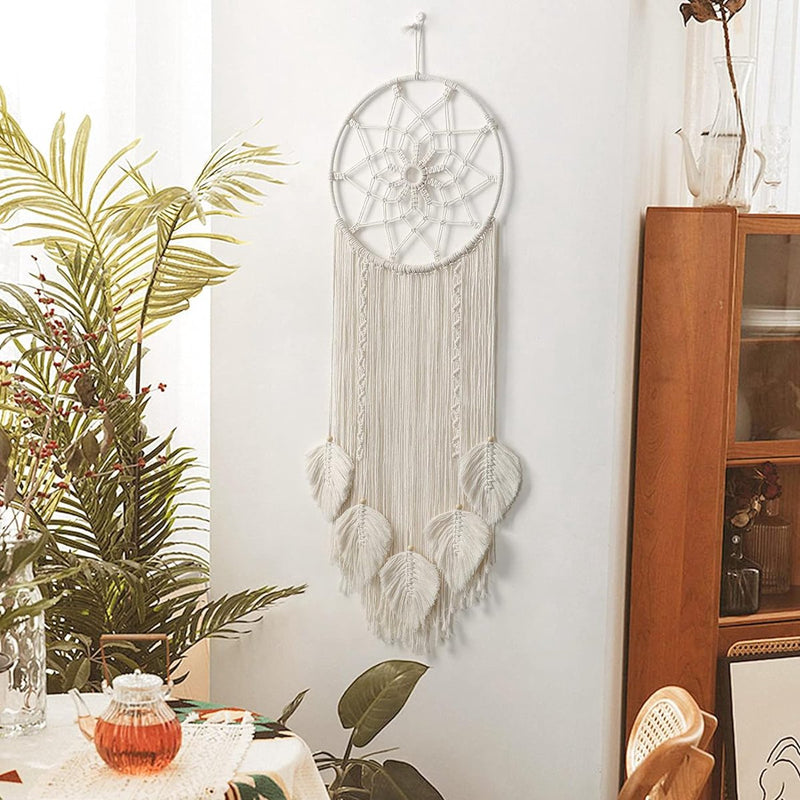 Macrame Dromenvanger Muurbehang Geweven Veren Muurbehang Handgemaakte Dromenvanger Boho Kwasten Decoratie Home Decor Ornament Ambachtelijk Cadeau voor Slaapkamer Woonkamer