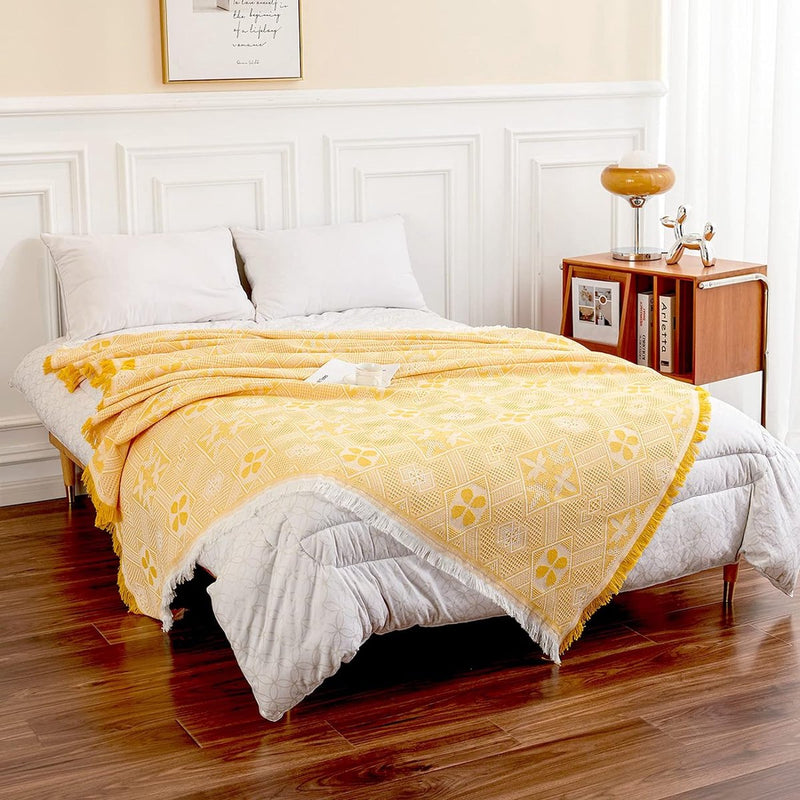 Bankdeken voor 2-zitsbank met decoratieve kwastjes, dubbelzijdige bankhoes banksprei voor bank en bed, ruitpatroon met bladeren en bloemen - geel, 180 x 230 cm