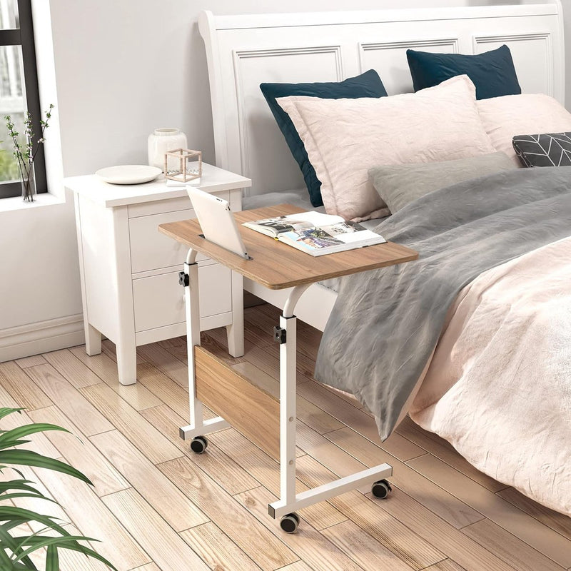 Laptoptafel, 60 x 40 cm, bijzettafel op wieltjes, bedtafel, in hoogte verstelbaar, pc-tafel met wieltjes, staande tafel, mobiele computertafels, klein bureau, desktop met groef, nachtkastje,