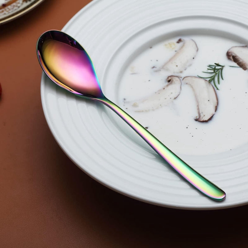 Regenboog-menulepels, 20,3 cm, roestvrij staal, titanium coating, regenboogtafellepel, soeplepel, bestekset, robuust, gemakkelijk te reinigen, dessertlepel, vaatwasmachinebestendig