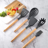 Siliconen keukengereiset, (25-delig) Keukengerei-pannenset, anti-aanbaklaag Hittebestendige siliconen spatelset, keukengerei Stukken veilig met houten handvat (grijs)