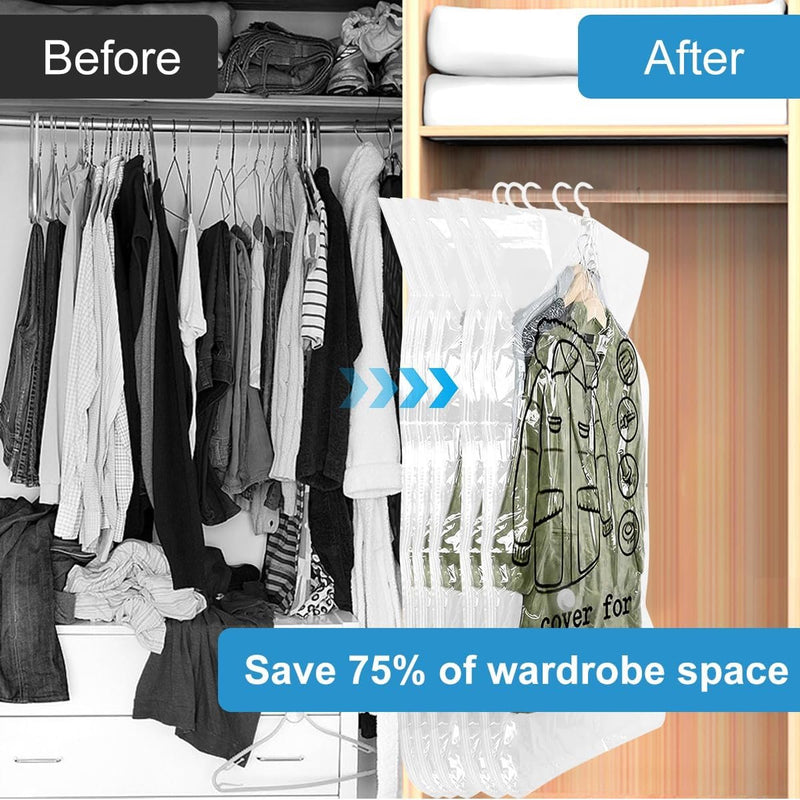 Vacuümzakken voor kleding, verpakking van 5 stuks, hangende vacuümzakken voor kleding (135 x 70 cm), vacuümzakken voor kleding voor pakken, jassen, jassen, vacuümkledingzakken met haken, ruimtebesparend