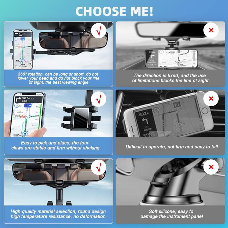 Auto-achteruitkijkspiegel mobiele telefoonhouder, multifunctionele universele 360 draaibare intrekbare auto-achteruitkijkspiegel cliphouder voor alle mobiele telefoons