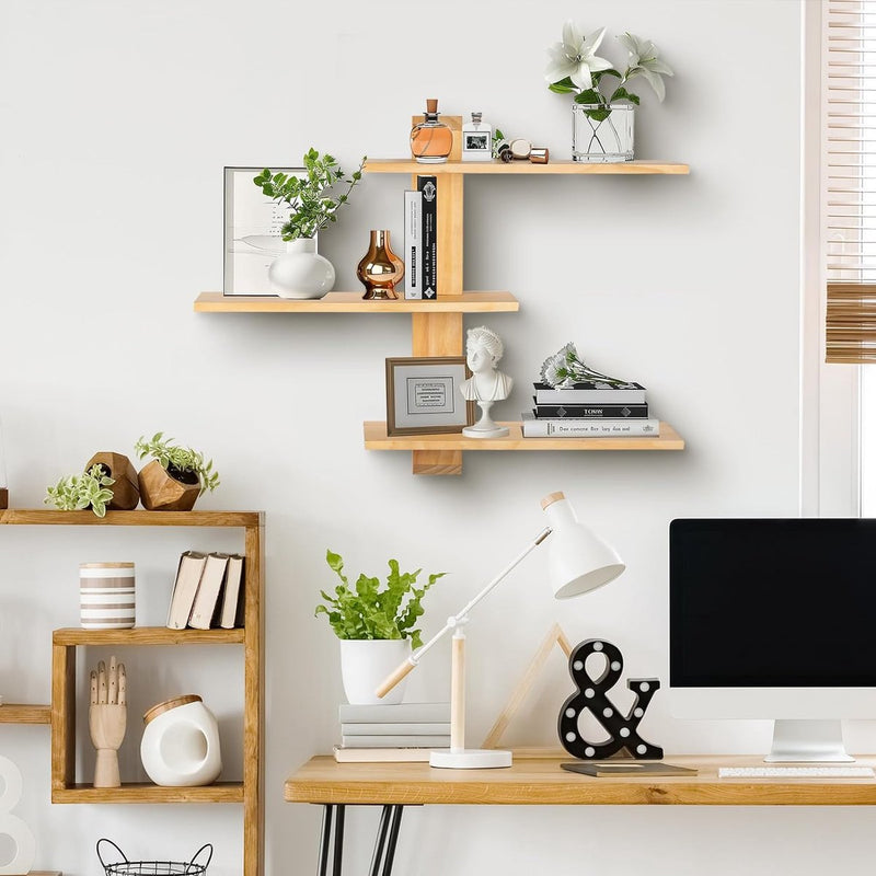 Wandrek, hout, 3-traps rustiek, zwevend rek, houten rek voor keuken, kinderkamer, badkamer, woonkamer, slaapkamer