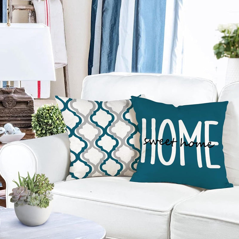 Kussensloop 45 x 45 cm, set van 4 decoratieve kussens, linnen kussenslopen, geometrisch patroon, kussenhoezen voor bank, slaapkamer, bank, outdoor, kussen, 45 x 45 cm, blauwgroen