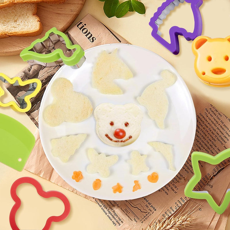 Koekjesvormers kinderset, 45-delige sandwichsnijders brood en groenten, roestvrijstalen broodsnijders met prikkers fruitvorkjes, comforthandgreep afneembaar, dinosaurus eenhoorn dino stervormen