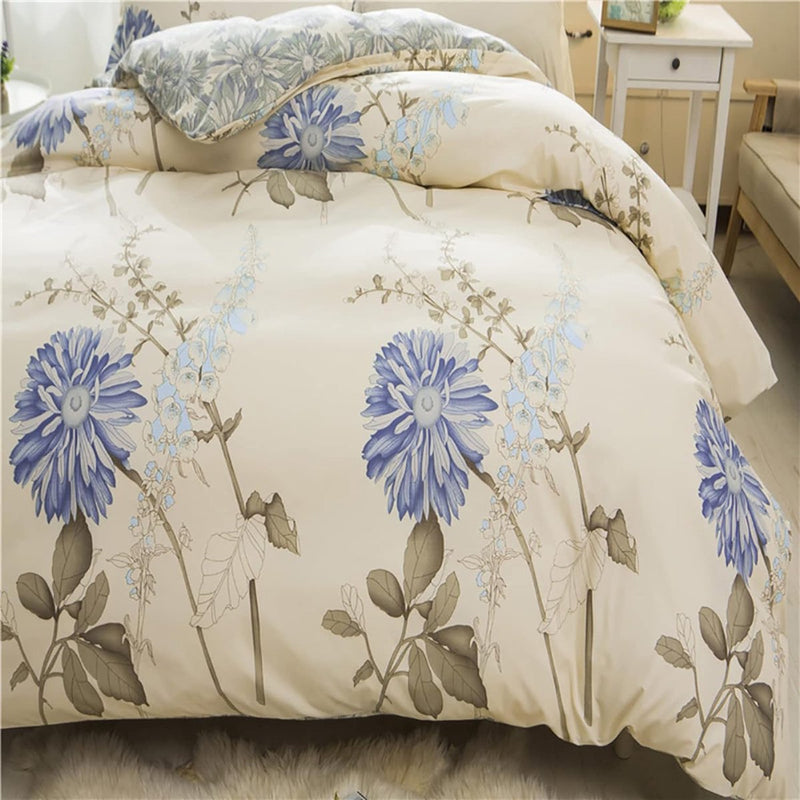 Beddengoed 135 x 200 cm, 4-delig bloemen, wit, beige, modern bloemenbeddengoedset, meisjes, dekbedovertrek, zachte microvezel, omkeerbaar beddengoed, 2 kussenslopen met ritssluiting