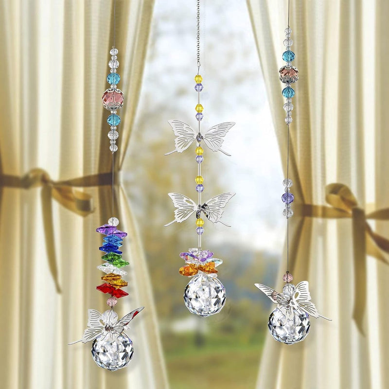Kristallen zonvanger hangend metalen vlinderornament, glazen balprisma regenboogmaker woondecoratie, 3 stuks