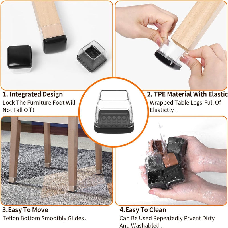 stoelpoothoezen 16-pack stoelpootglijders voor tapijt meubelvoetbeschermers pads 3,2 cm rond transparant TPE hoogelastisch zacht rubber met zwart geen krassen