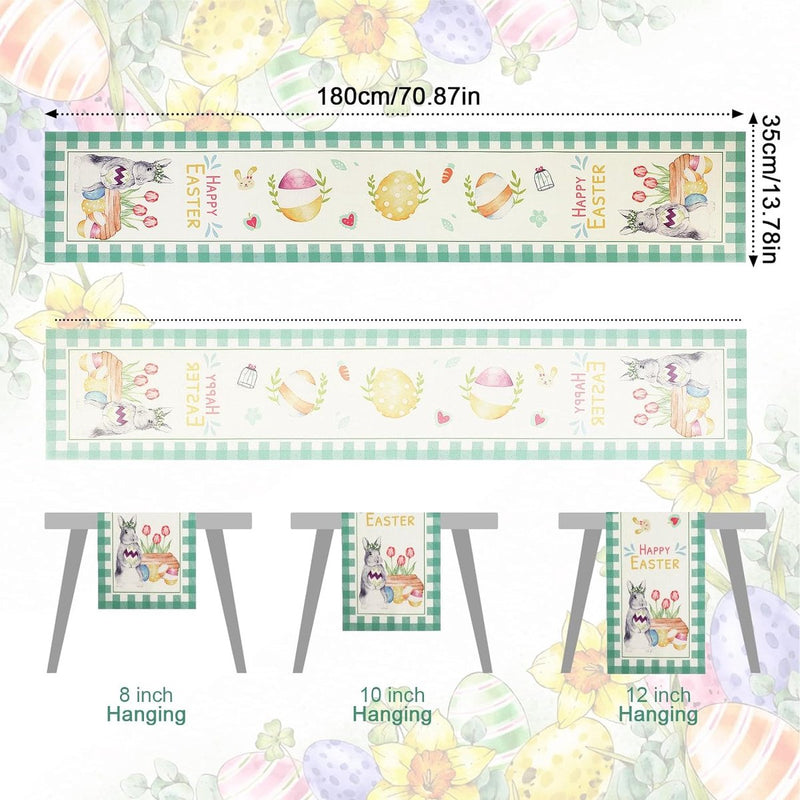 Tafelloper voor Pasen, paaseieren, konijnen, wortel, hazen, bloemen, paaseieren met haas, paasei-patroon, voor lente, paasfeest, tafeldecoratie voor binnen en buiten, eettafel, 183 x 33 cm