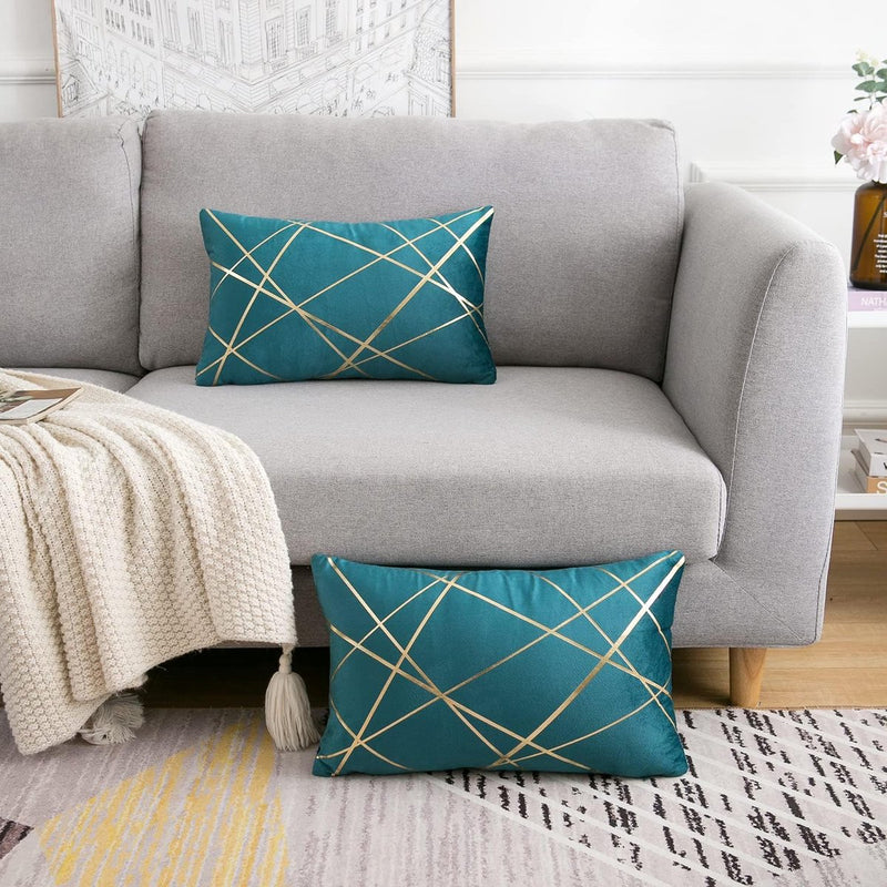 Set van 2 fluwelen kussenslopen, 30 x 50 cm, blauw-groen, geometrie, bronzen, sierkussen, kussenovertrek, bankkussen, decoratieve kussens, voor buiten, sierkussen, overtrek voor slaapkamer, bank, bed