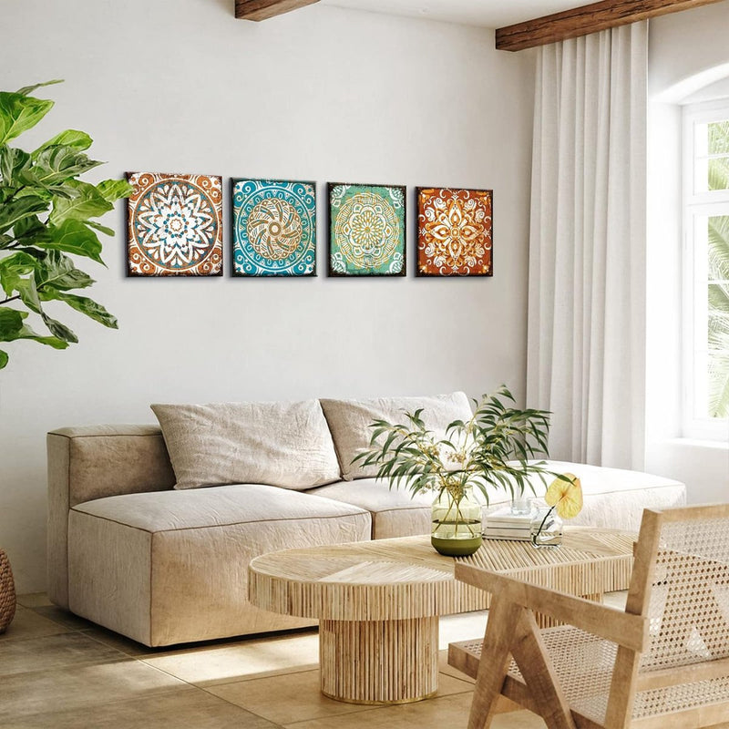 4-delige canvasafbeeldingen met houten lijst, canvasafbeeldingen 30 x 30 cm, moderne muurafbeeldingen, kunstdruk, wanddecoratie voor woonkamer, slaapkamer, huis, kantoor, eetkamer (Mandala)