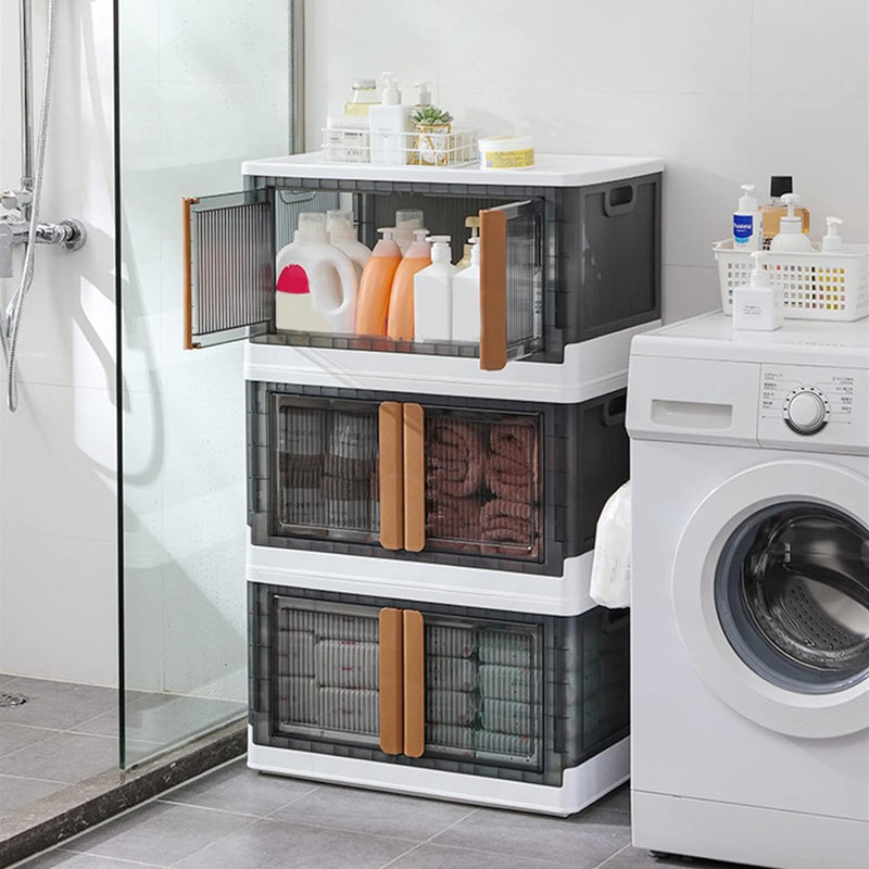 Opvouwbare kunststof opbergdoos, opbergdoos met deksel en wielen, dubbele opening, stapelbare opbergdoos, transparant, voor kantoor, kinderkamer, keuken en woonkamer