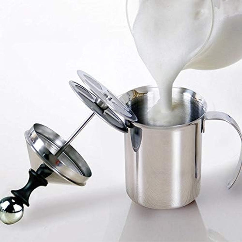 melkopschuimer 400 ml / 800 ml roestvrij staal handschuimer voor handmatige melkopstelling, schuim mengkraan met twee mazen, ideaal voor koffie, latte, warme chocoladekoffie, cappuccino, opschuimer, 800ml