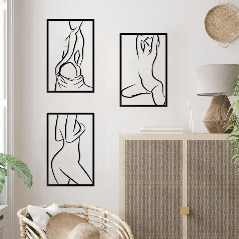 3 stuks metalen wanddecoratie minimalistische abstracte vrouwen muurkunst enkele lijntekening zwarte kunst vrouwelijke moderne wanddecoratie voor slaapkamer keuken badkamer