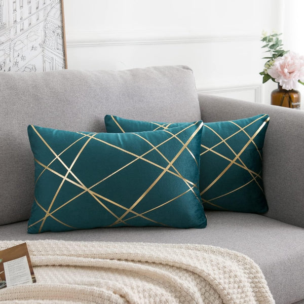 Set van 2 fluwelen kussenslopen, 30 x 50 cm, blauw-groen, geometrie, bronzen, sierkussen, kussenovertrek, bankkussen, decoratieve kussens, voor buiten, sierkussen, overtrek voor slaapkamer, bank, bed