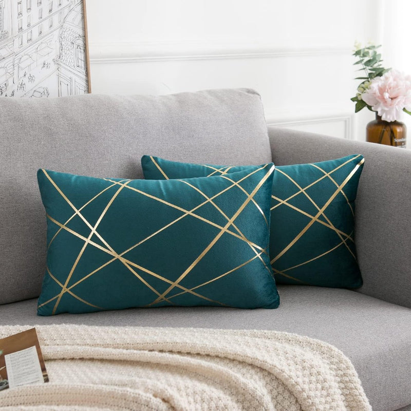 Set van 2 fluwelen kussenslopen, 30 x 50 cm, blauw-groen, geometrie, bronzen, sierkussen, kussenovertrek, bankkussen, decoratieve kussens, voor buiten, sierkussen, overtrek voor slaapkamer, bank, bed