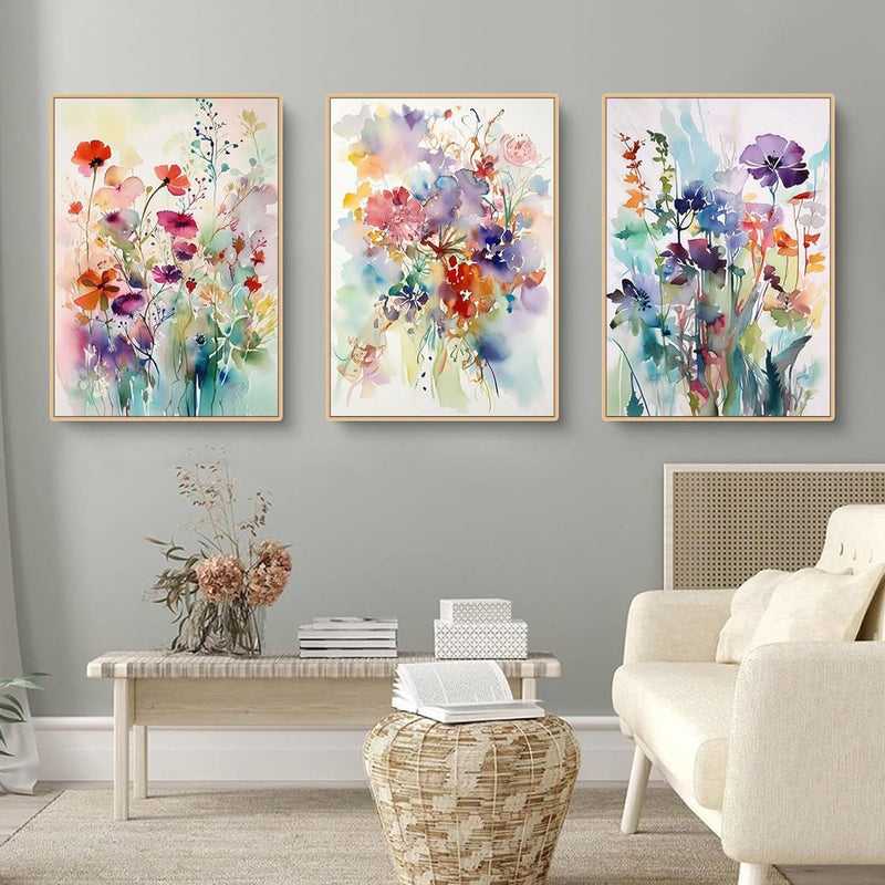 Woonkamerfoto's, set van 3, kleurrijke bloemenposters, slaapkamermuurfoto's, stijlvolle esthetische decoratieve canvasfoto's, zonder lijst, wanddecoratieposter (50 x 70 cm)