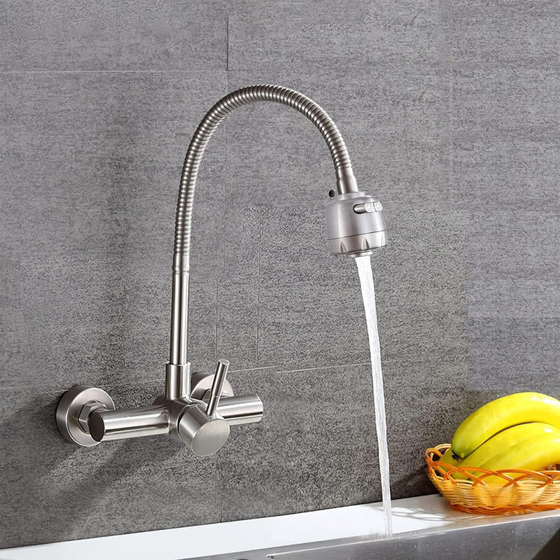 Wandmontage, keukenkraan, roestvrij stalen waterkraan, 360 graden draaibaar, uitloop, mengkraan met één hendel, mengkraan + 2 straalsoorten, spoelbakarmatuur, mengkraan met één hendel