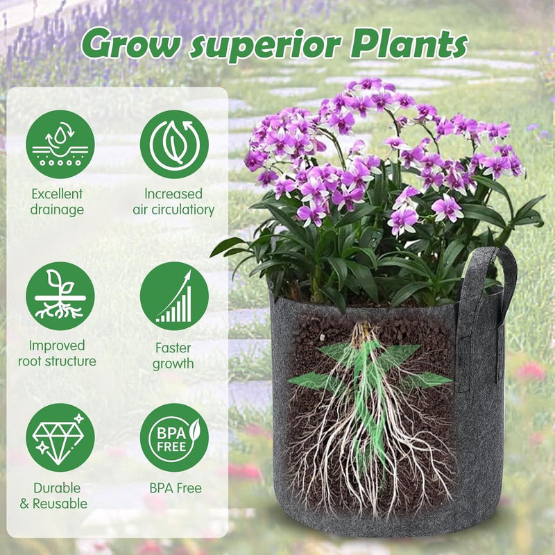 27 l stoffen plantenzak aardappelzak met handvat, herbruikbare plantenzak voor het kweken van aardappelen, tomaten, groenten, bloemen, verdikte en geventileerde tuinpot, 5 stuks, grijs