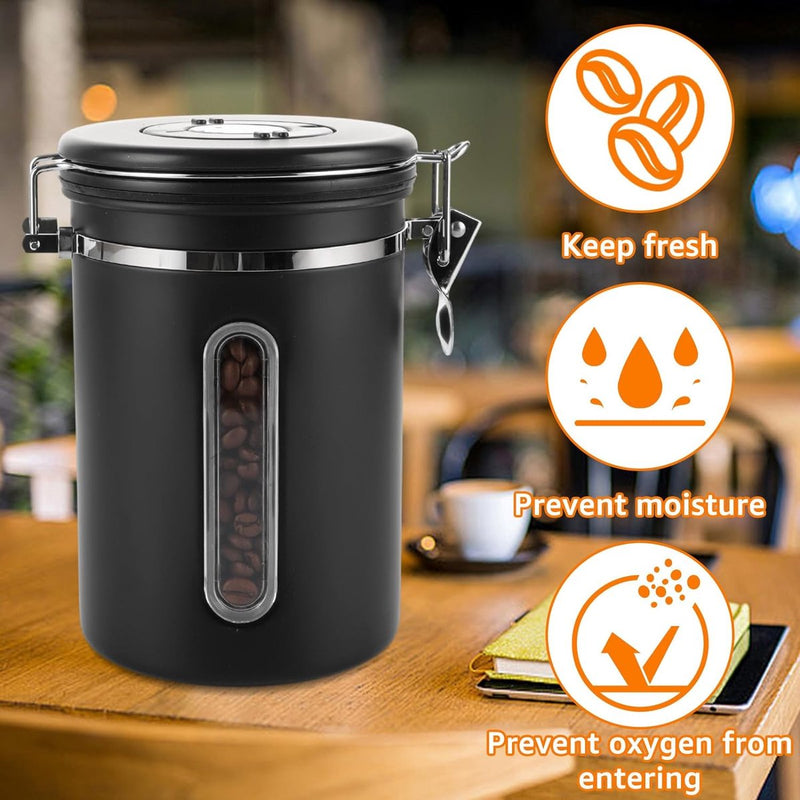 Koffiekan van 1,8 liter luchtdicht, zwarte koffiebonencontainer, koffiekan met roestvrijstalen lepel, koffiecontainer met datumregistratie voor koffiebonen, koffiepoeder, thee, cacao