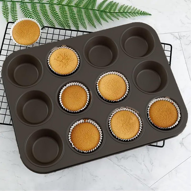 2 stuks muffinvorm, muffinplaat voor 12 muffins, koolstofstaal muffin bakvorm, bakvorm met antiaanbaklaag, zwarte muffinvorm, bakvorm, bakplaat, muffins bakvorm