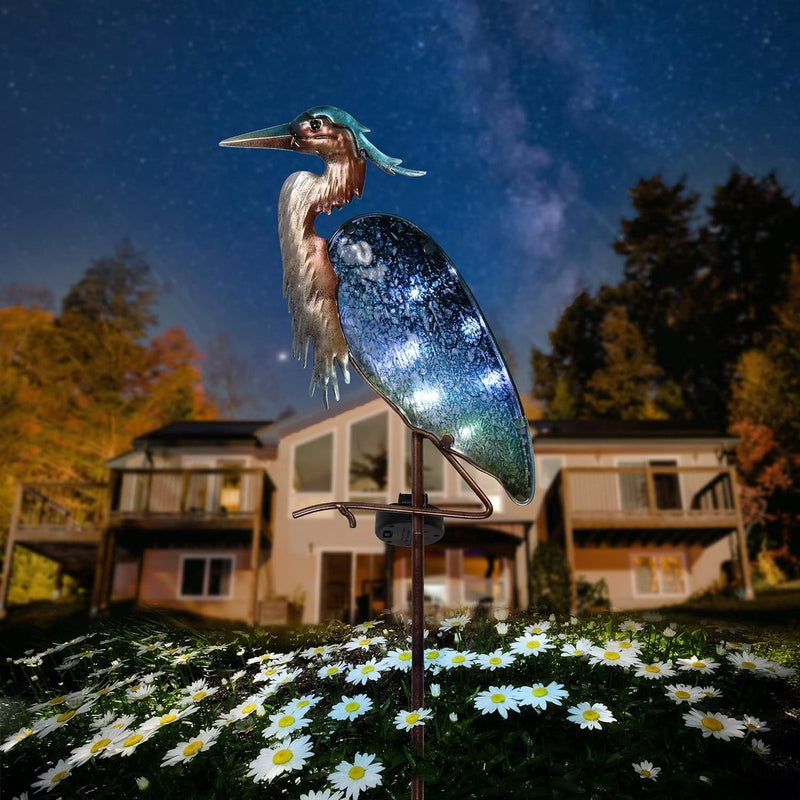 Tuindecoratie voor buiten, grijze reiger, tuinfiguur, zonnelamp voor buiten, tuinverlichting, metaal, glas, waterdichte padverlichting met grondpen, solarlamp voor moeder en