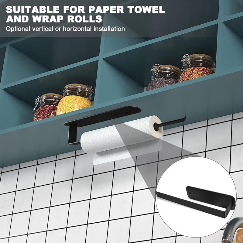 1 x keukenrolhouder, wandpapierrolhouder met 2 magnetische haken voor rolpapier, handdoeken, huishoudfolie, kopjes (zwart)