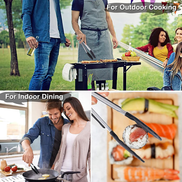 Keukentangenset van 3 roestvrijstalen barbecuetangen met siliconen tips voor koken, grillen, buffet, 18/23/30 cm (zwart)