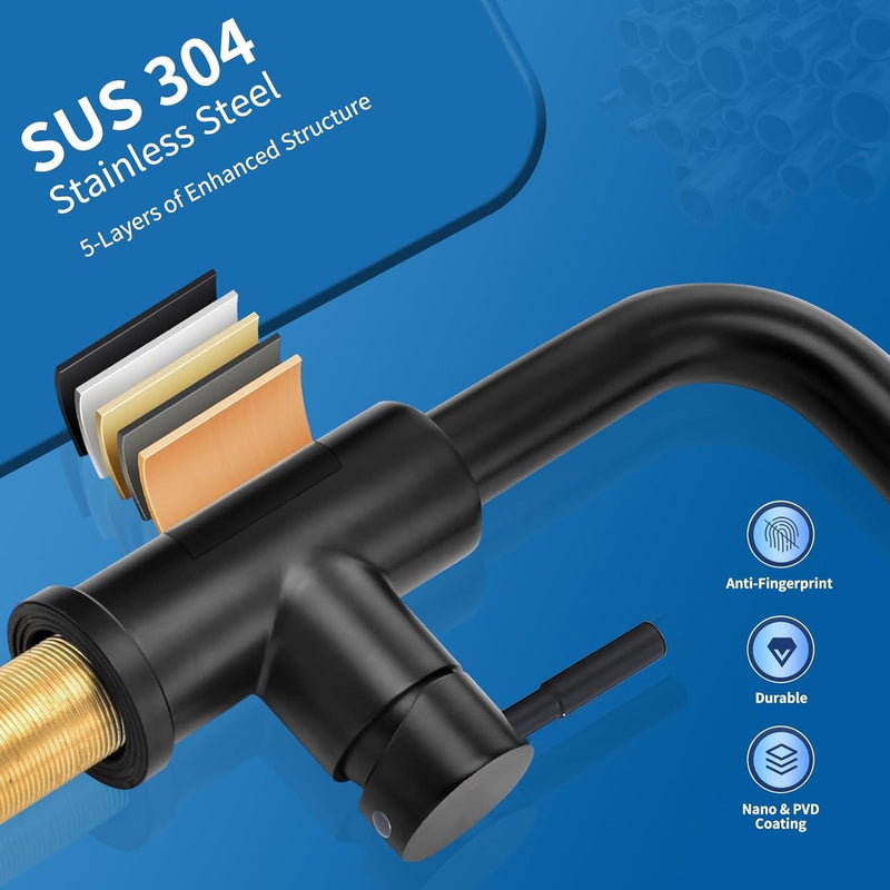 Wastafelarmatuur met uittrekbare sproeier, keukenkraan met 2 straalsoorten, 304 roestvrij staal, hogedruk mengkraan, 360° draaibaar, eengreepsmengkraan, zwart