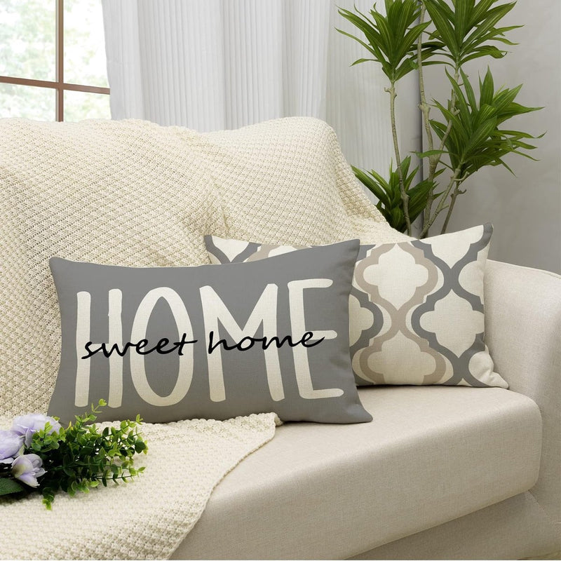 Kussensloop 30 x 50 cm, set van 4 decoratieve kussens, linnen kussenslopen, geometrisch patroon, kussenhoezen voor bank, slaapkamer, bank, grijs