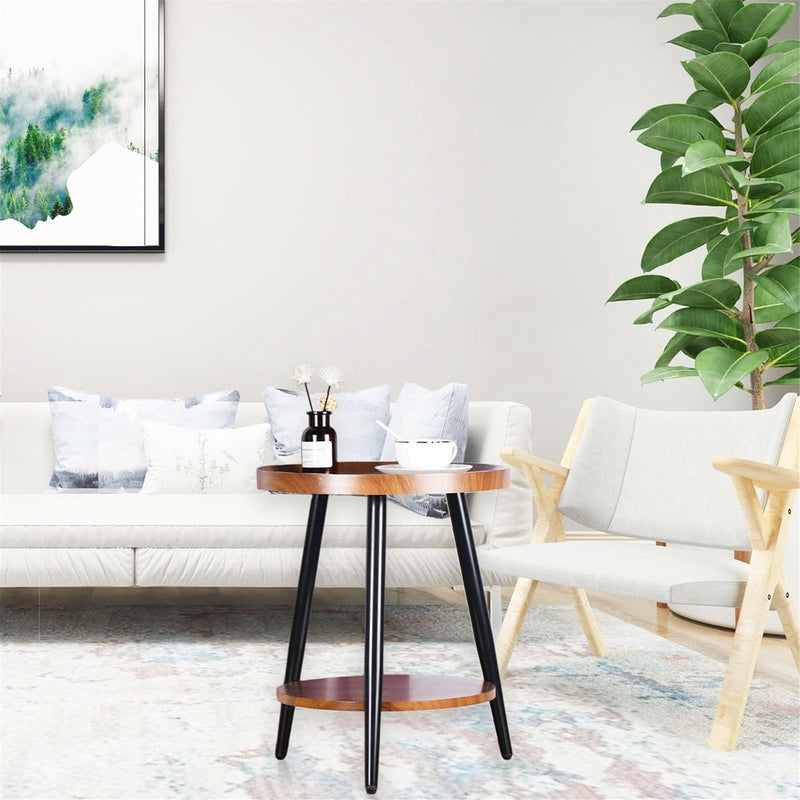 Bijzettafel met 2 planken, ronde salontafel met opbergruimte, 2-laags walnootkleurige MDF-banktafel met ronde planken, nachtkastje, houten tafel met stalen frame, 40 x 48cm (walnoot)