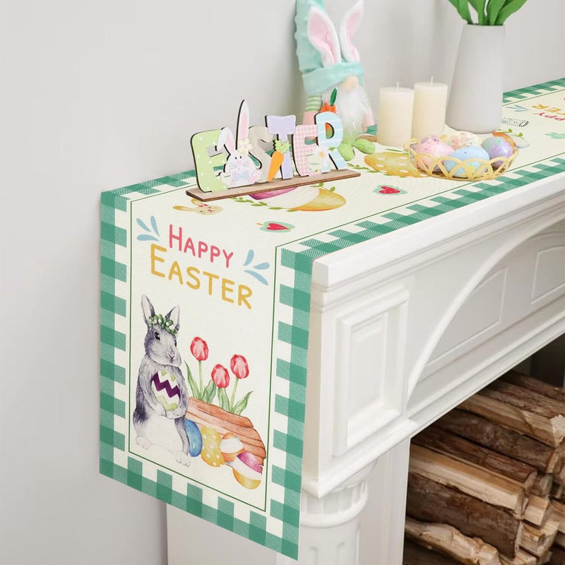 Tafelloper voor Pasen, paaseieren, konijnen, wortel, hazen, bloemen, paaseieren met haas, paasei-patroon, voor lente, paasfeest, tafeldecoratie voor binnen en buiten, eettafel, 183 x 33 cm