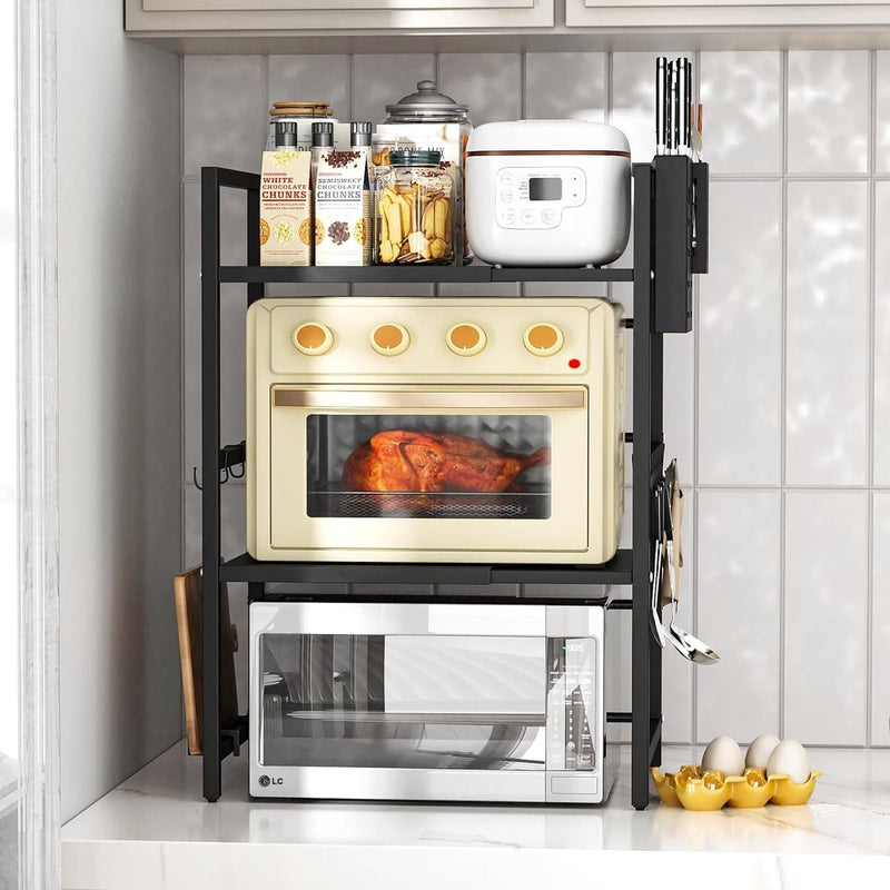 Magnetronrek, metaal, uitbreidbaar magnetronrek, 3-traps magnetronrek, magnetronrek, magnetronrek, magnetronorganizer, keukenrek met 6 haken, zwart