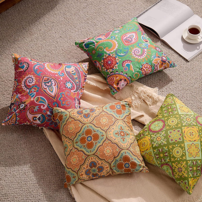 Set van 2 kussenslopen 40 x 40 cm, 100% katoen, oranje-rood, kleurrijk patroon, decoratieve hoofdkussenslopen met ritssluiting, superzacht, premium en hypoallergeen, super comfortabele