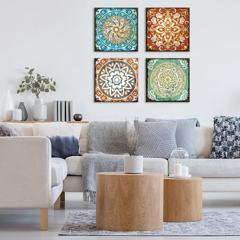 4-delige canvasafbeeldingen met houten lijst, canvasafbeeldingen 30 x 30 cm, moderne muurafbeeldingen, kunstdruk, wanddecoratie voor woonkamer, slaapkamer, huis, kantoor, eetkamer (Mandala)