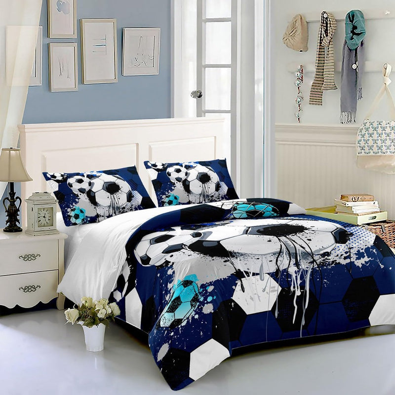 Voetbal beddengoedset voor jongens en meisjes, trendy, coole graffiti-cartoon-voetbalprint, dekbedovertrek met 2 kussenslopen (graffiti-voetbal 2 S)
