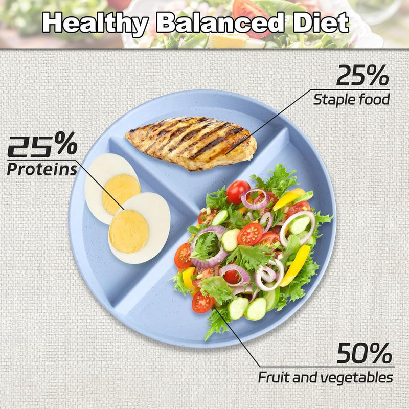 4 stuks gedeelde borden met onderverdeling, 20 cm borden met onderverdeling, onbreekbare portie controleborden, gedeelde eetborden, onderverdeeld voor volwassenen en kinderen