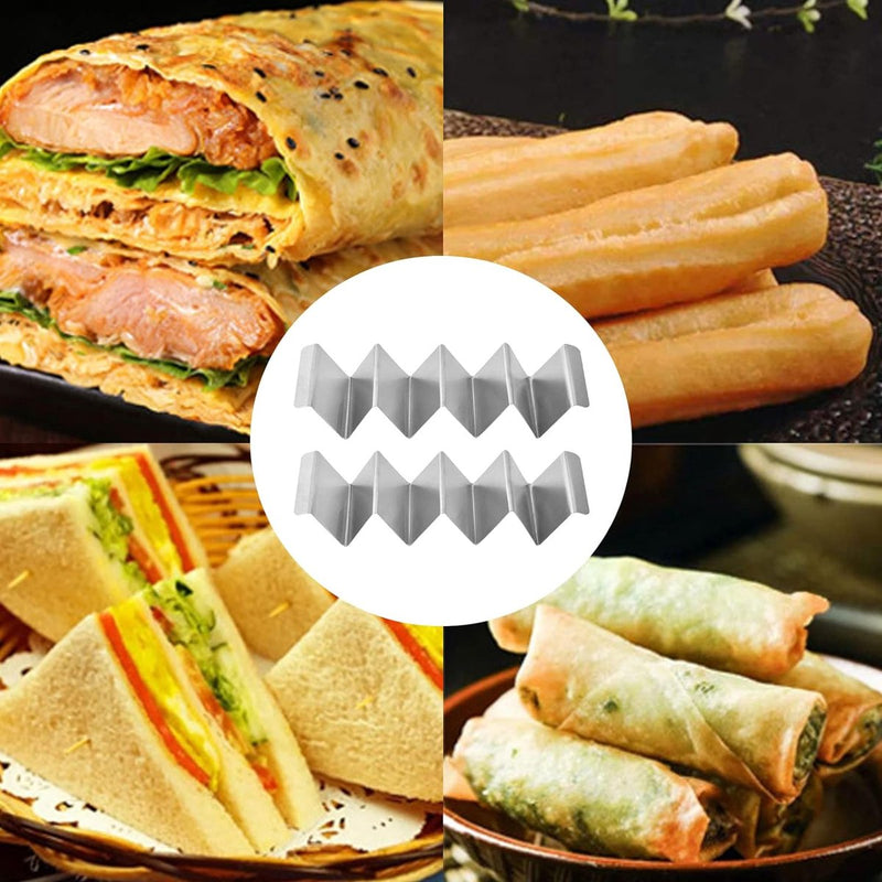 2 stuks Taco houders, 32 cm roestvrij stalen houders, staande set, pretzelstandaard, tray holt, voor Tacos, sandwiches, worsthouders voor kinderen, gezinnen, feestjes (zilverkleurig, 2 l)