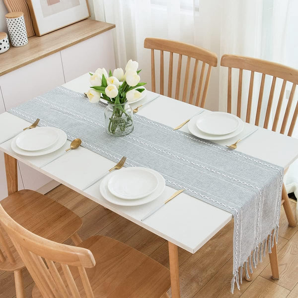 Tafelloper landhuisstijl grijs boho tafel loper met kwastjes rustieke table runner, 32x228 cm, lichtgrijs