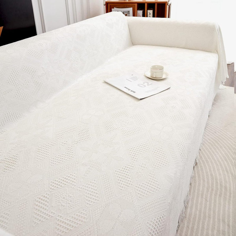 Grote banksprei voor 3-zitsbank met decoratieve kwastjes, dubbelzijdige bankhoes banksprei voor bank en bed, ruitpatroon met bladeren en bloemen - wit, 180 x 300 cm