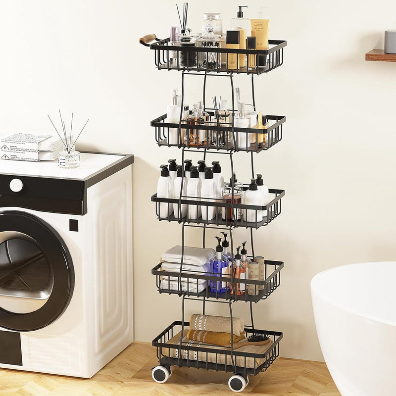 Keuken-niswagen met 5 niveaus, keukentrolley op wielen met handvat en remmen, voor kleine ruimtes in keuken, eetkamer, badkamer, zwart