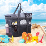 Strandtas XXL familie grote badtas strandtas met ritssluiting strandtas opvouwbare schoudertas badtas familie shopper handtas voor strand vakantie reizen grijs