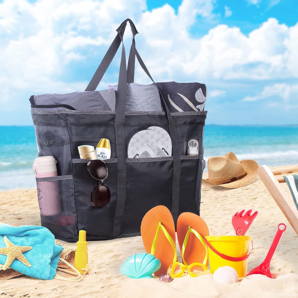 Strandtas XXL familie grote badtas strandtas met ritssluiting strandtas opvouwbare schoudertas badtas familie shopper handtas voor strand vakantie reizen grijs