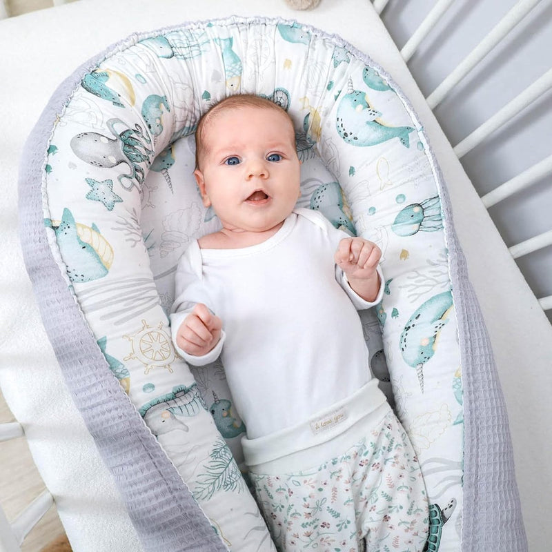 Babynestje voor pasgeborenen baby's, 90 x 50 cm, handgemaakte cocon, dubbelzijdig van katoen, wafel met babynestje, waterdieren, lichtgrijs