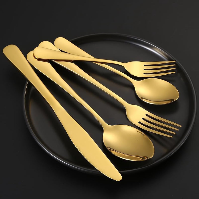 Bestekset voor 6 personen, 30-delige roestvrijstalen bestekset, bestek inclusief mes/vork/lepel, spiegel gepolijst, vaatwasmachinebestendig (goud)