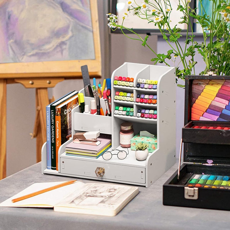 Bureau-organizer met lade, wit, pennenhouder met hoge capaciteit, bureau, doe-het-zelf desktop nette kantoororganizer, pennenorganizer voor kantoor, school en thuis