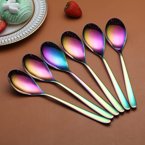 Regenboog-menulepels, 20,3 cm, roestvrij staal, titanium coating, regenboogtafellepel, soeplepel, bestekset, robuust, gemakkelijk te reinigen, dessertlepel, vaatwasmachinebestendig