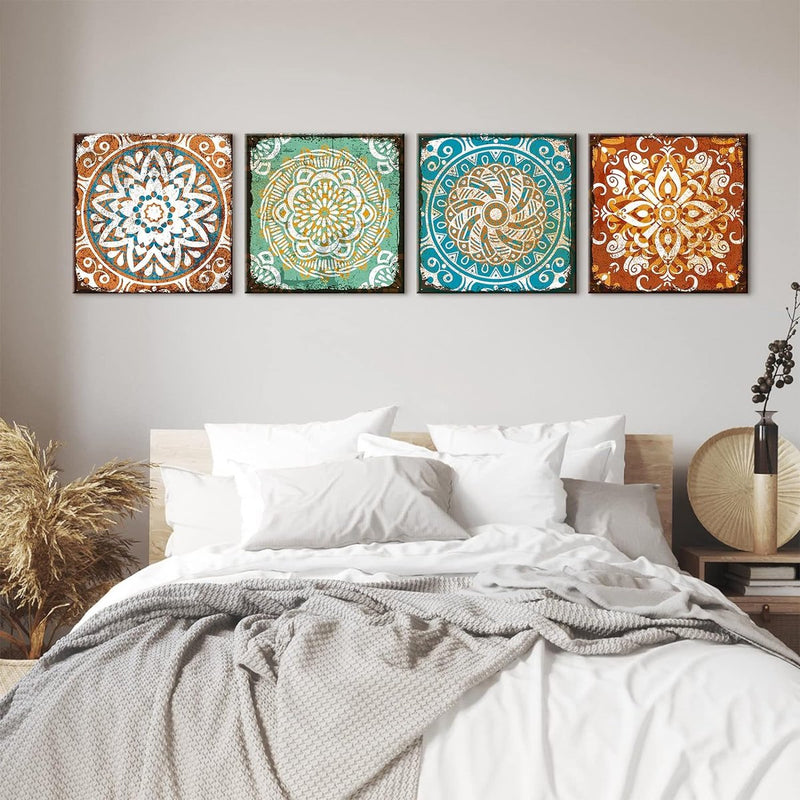 4-delige canvasafbeeldingen met houten lijst, canvasafbeeldingen 30 x 30 cm, moderne muurafbeeldingen, kunstdruk, wanddecoratie voor woonkamer, slaapkamer, huis, kantoor, eetkamer (Mandala)